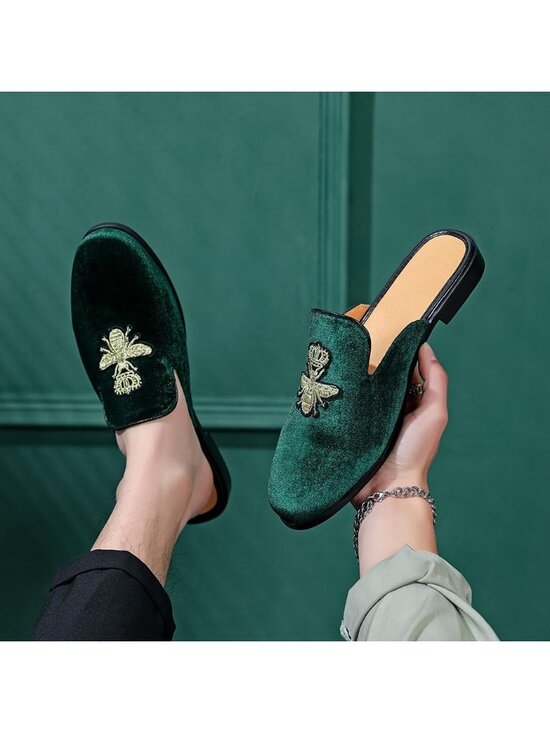 Men\'s Green Rubber Sole Velvet Leather Crown Embroidery Slip On Loafer Slippers main image 5